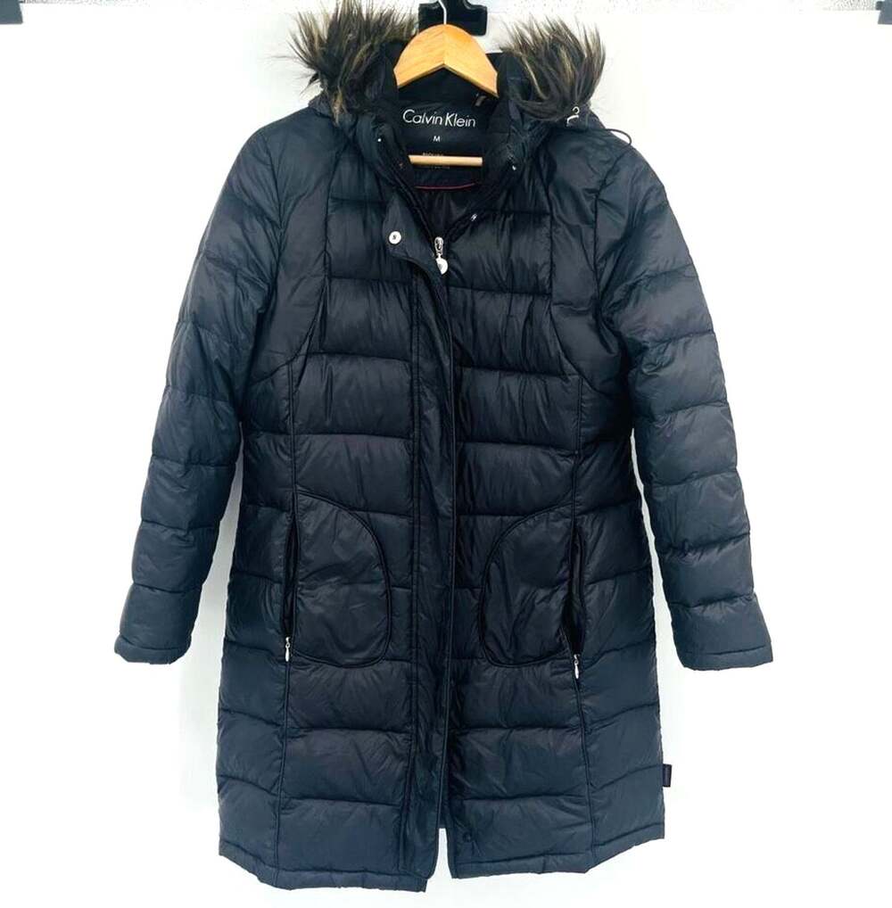 Calvin Klein Quilt Longline Parka Jacket Faux Fur Hood Black Womens Size Medium